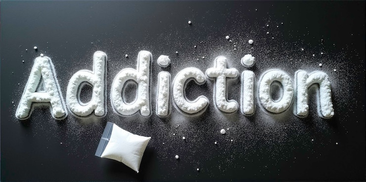 Foto concepto de adicción con cocaína en polvo y bolsa en fondo oscuro