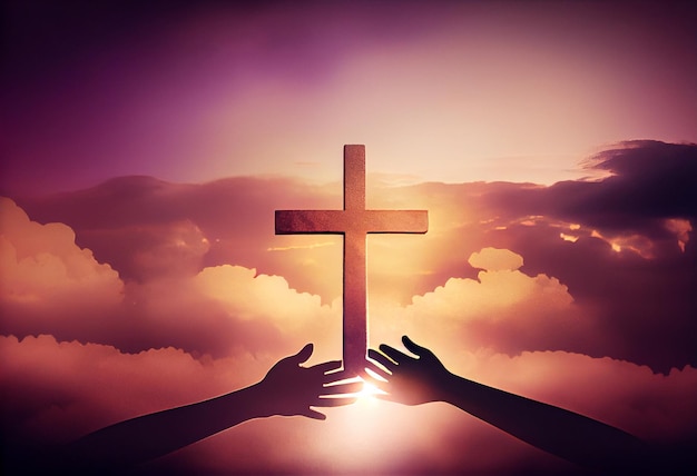 Concepto de adoración pueblo cristiano de la mano sobre la cruz en el fondo del cielo espiritual Generar Ai