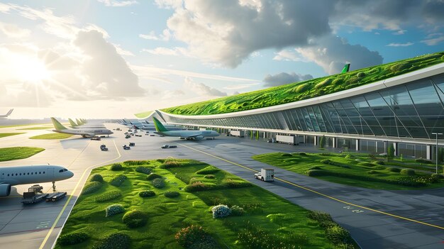 Foto el concepto de aerolínea ecológica se eleva con biocombustibles sostenibles y terminales verdes