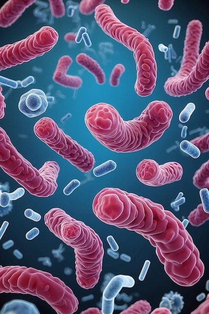 El concepto de agentes infecciosos bacterias bacilos e coli parte del microbioma intestinal imagen ampliada desde debajo del microscopio representación 3D ilustración 3D