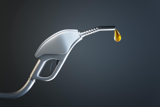 Concepto de agotamiento de los recursos naturales con goteo de aceite del inyector de combustible para combustible diesel de gasolina y gas en la representación 3D de fondo oscuro