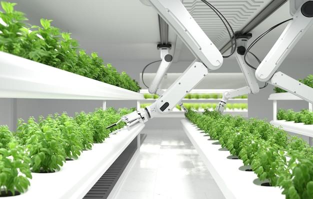 Concepto de agricultores robóticos inteligentes agricultores de robots Tecnología agrícola Automatización de granjas