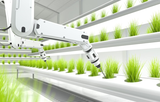 Concepto de agricultores robóticos inteligentes agricultores de robots Tecnología agrícola Automatización de granjas