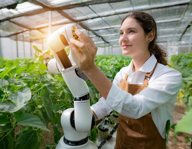 Foto concepto de agricultores robóticos inteligentes de ia automatización de la tecnología agrícola