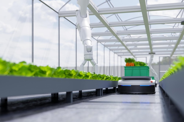 Concepto de agricultores robóticos inteligentes de IAAutomatización de tecnología agrícolaRepresentación 3d