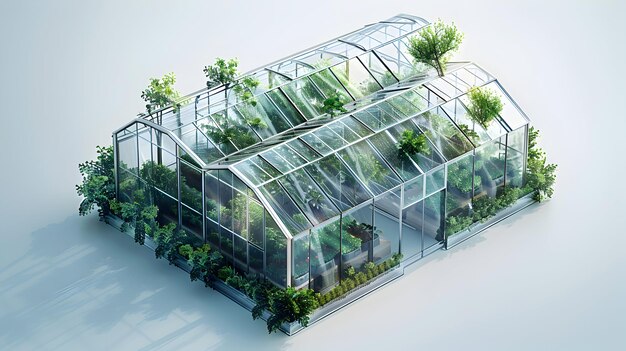 Concepto de agricultura automatizada Icono plano 3D de invernadero con agricultura de precisión de superposición automatizada