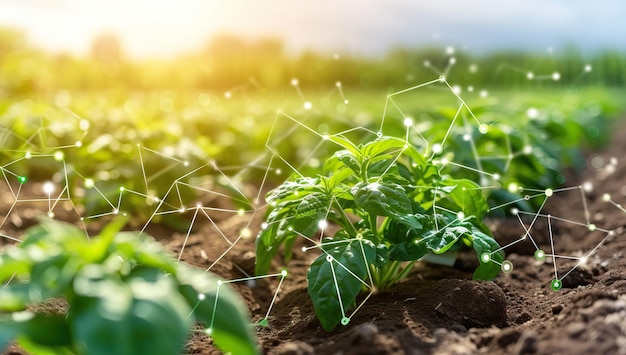 Concepto de agricultura y biotecnología Plantas verdes de pimienta que crecen en el campo