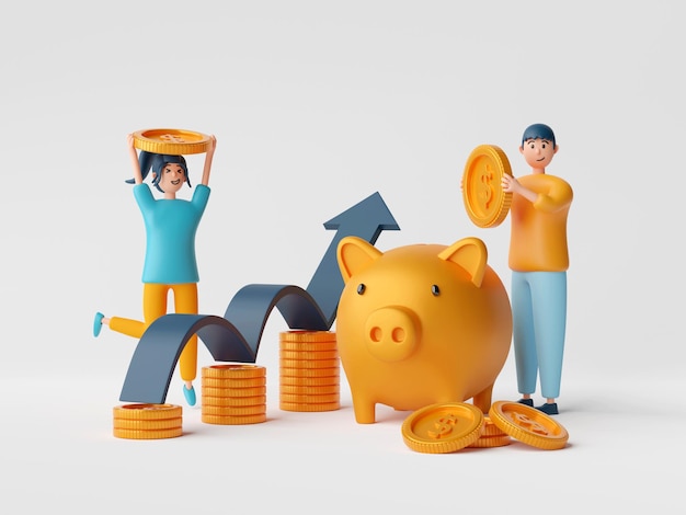 Concepto de ahorro de dinero Carácter de hombre de negocios poniendo una moneda en Piggy Bank Ilustración 3d
