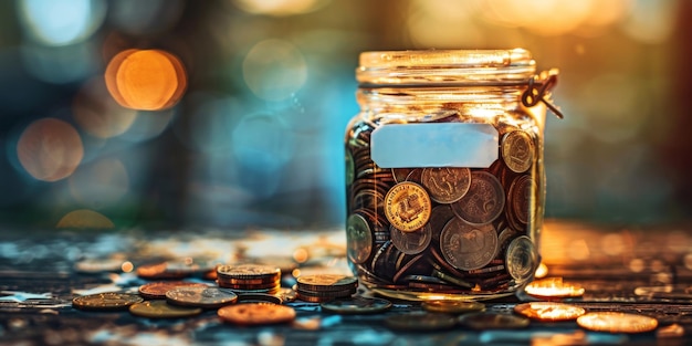 Concepto de ahorro de dinero Jar de monedas en mesa de madera con fondo de bokeh cálido