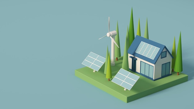 Concepto de ahorro de energía con energía solar, energía libre del sol Ecofriendly smart home 3d render