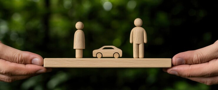 Concepto de ahorro de equilibrio en escala de automóvil de juguete y figura familiar de madera