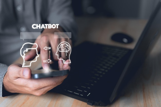 Concepto AI Chatbot aplicación inteligente de servicio digital al cliente programa de computadora o inteligencia artificial Creado para moderar las conversaciones del usuario tanto en forma de letras como de sonidos