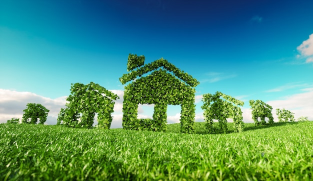 Foto concepto de aldea ecológica sostenible. representación 3d de los símbolos de la casa en la pradera de manantiales frescos con el cielo azul de fondo