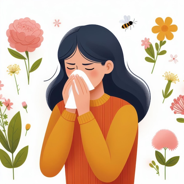 Concepto de alergia a las flores Mujer estornuda por el polen de las plantas