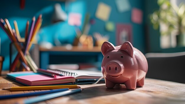 Foto concepto de alfabetización financiera en el escritorio escolar con cuadernos de trabajo, lápices y alcantarillas ia generativa