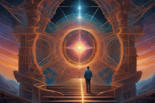 concepto alienígena de fantasía con un hombre en la ilustración del túnel