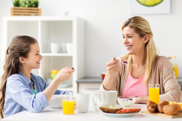 concepto de alimentación saludable, familia y personas: madre e hija felices desayunando en la cocina de casa
