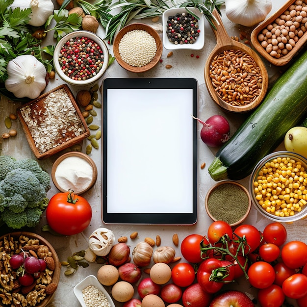 Concepto de alimentación saludable Maqueta de tableta rodeada de alimentos nutritivos para las redes sociales