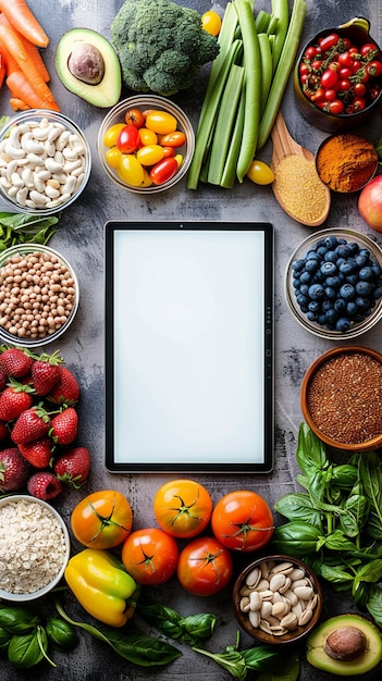 Foto concepto de alimentación saludable modelo de tableta rodeado de alimentos nutritivos tapa de pared móvil vertical