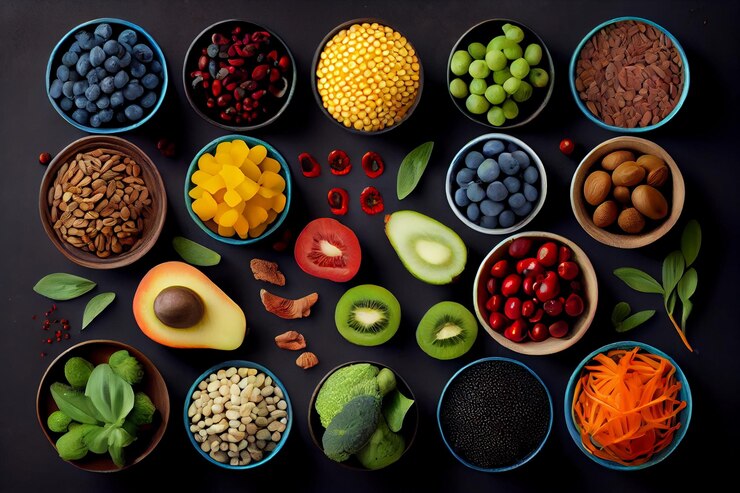 Concepto de alimentación saludable Surtido de superalimentos en tazones sobre fondo negro generativo ai