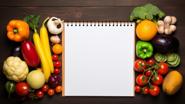 Concepto de alimentación saludable con verduras frescas y un cuaderno en blanco