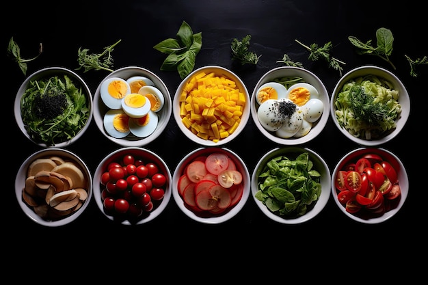 Concepto de alimentación saludable con verduras frescas y huevos sobre fondo negro Tazones de comida saludable sobre fondo negro Concepto de alimentación saludable AI generado