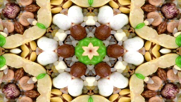 Concepto de alimento vegetal abstracto Patrón simétrico Caleidoscopio decorativo ornamental Movimiento Círculo geométrico y formas de estrella