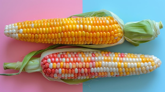 Foto concepto de alimentos mínimos con color de contraste maíz en fondo azul medio rosa