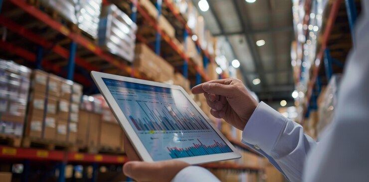 Un concepto de almacén inteligente que muestra un tablero de control de gestión de almacenamiento en un fondo borroso Un gerente está usando una tableta digital para administrar el almacén
