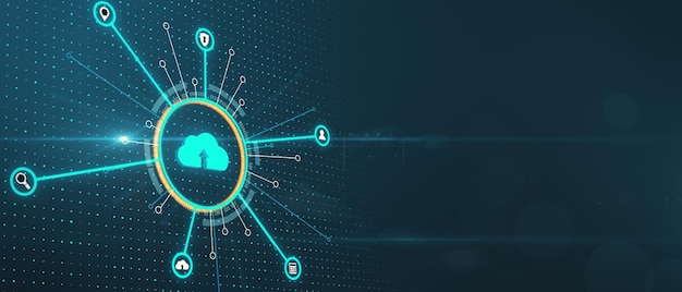 Concepto de almacenamiento y computación en la nube con signo de nube azul digital en círculo con iconos de servicio de Internet alrededor sobre fondo oscuro abstracto con maqueta de renderizado 3D de espacio de copia