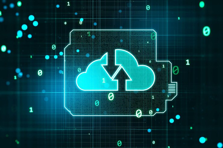 Foto concepto de almacenamiento de datos e intercambio de información con procesador de computadora y flechas dirigidas de manera opuesta en el símbolo de la nube sobre fondo tecnológico oscuro con representación 3d de números de código binario