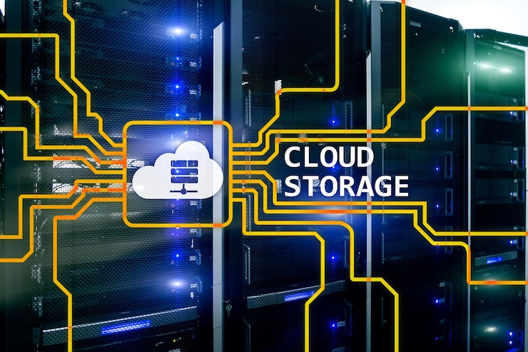 Foto concepto de almacenamiento de datos en la nube en el fondo de la sala de servidores