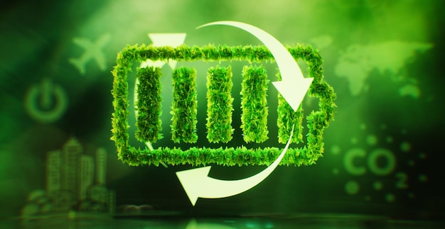 El concepto de almacenamiento de energía sostenible en forma de un símbolo de batería cubierto de hojas sobre un fondo verde exuberante renderización en 3D