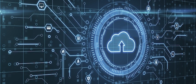 Concepto de almacenamiento en la nube con icono de nube digital brillante con flecha en el interior rodeado de elementos de circuito