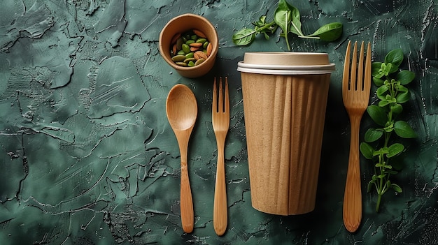 Este concepto de un almuerzo de cero residuos utiliza tazas reutilizables, cajas y cubiertos de bambú con un fondo verde.