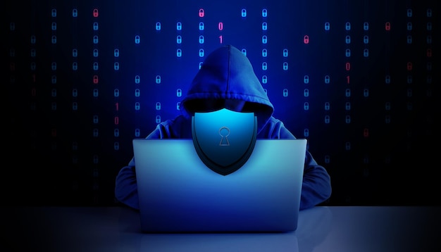 Concepto de amenaza de ciberseguridad con un hacker encapuchado en el fondo oscuro