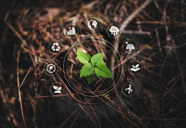 Foto concepto de amor ambiental pequeño árbol creciendo en el bosque íconos de amor ambiental alrededor de pequeño árbol