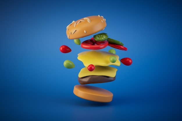 El concepto de amor por la comida rápida una hamburguesa volando sobre un fondo azul 3D Render