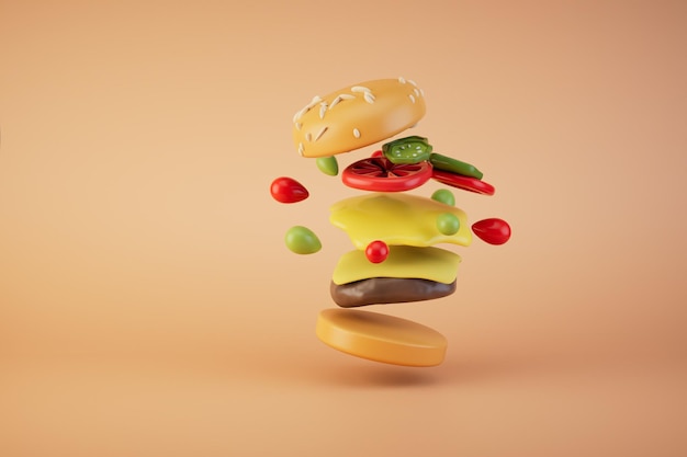 Foto el concepto de amor por la comida rápida una hamburguesa volando sobre un fondo pastel 3d render