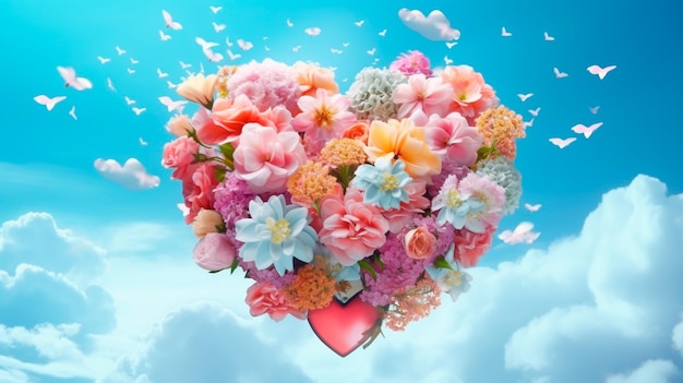 Concepto de amor creativo en la nube de flores frescas de primavera en el fondo del cielo Amor feliz Día de San Valentín un ramo explosivo Fondo azul pastel IA generativa