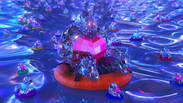 Concepto de amor El gorila diamante nada en una boya de vida y sostiene un corazón rojo en sus manos ilustración 3d