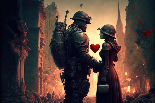 Concepto de amor en la guerra Ciudad destruida por la guerra o por un gran desastre Esperanza en el caos Generativo Ai