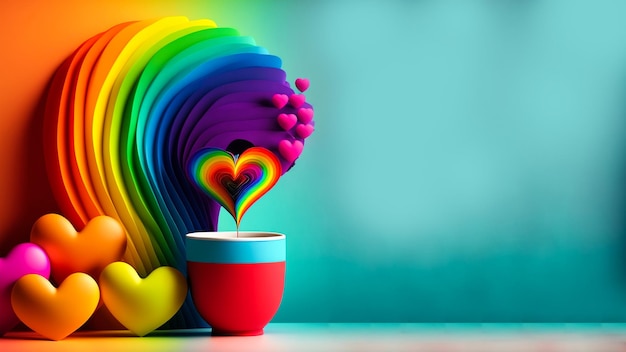 Concepto de amor o San Valentín con formas de corazón con maceta en la ilustración de estilo arco iris