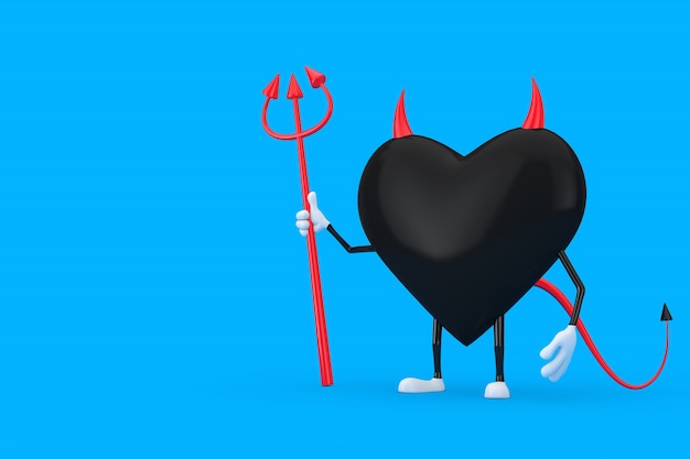 Concepto de amor. Persona de personaje de Mackot de dibujos animados de corazón de diablo malvado con horca, cuernos y cola sobre un fondo azul. Representación 3D