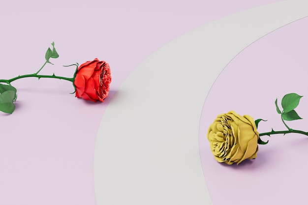 El concepto de amor y separación de rosas rojas y amarillas en lados opuestos del fondo pastel