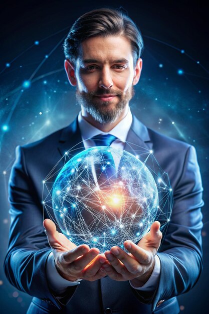 Concepto de análisis de ciencia de datos Hombre que mantiene datos de ciencia en conexión de red global Intercambio de algoritmos y ciencia de aprendizaje profundo