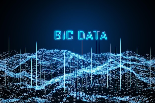 Foto concepto de análisis de información y datos digitales de tecnologías científicas con un gran signo de datos azul brillante sobre ondas tecnológicas en la representación 3d de fondo oscuro