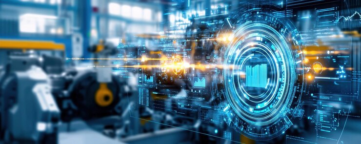 Concepto de análisis del progreso de la automatización industrial futurista con un diseño elegante