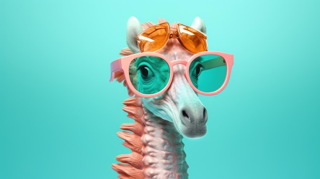 Foto concepto de animal creativo caballo de mar en gafas de sol aisladas sobre un fondo pastel sólido comme