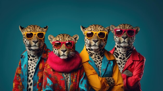 Foto concepto de animal creativo jaguar en un grupo de trajes vibrantes, brillantes y de moda aislados en un respaldo sólido